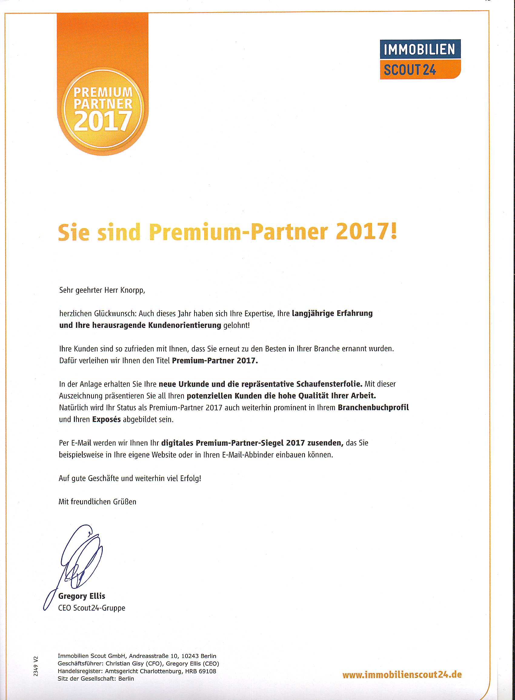 Zertifizierung Immobilien Scout 24 zum Premium-Partner 2017